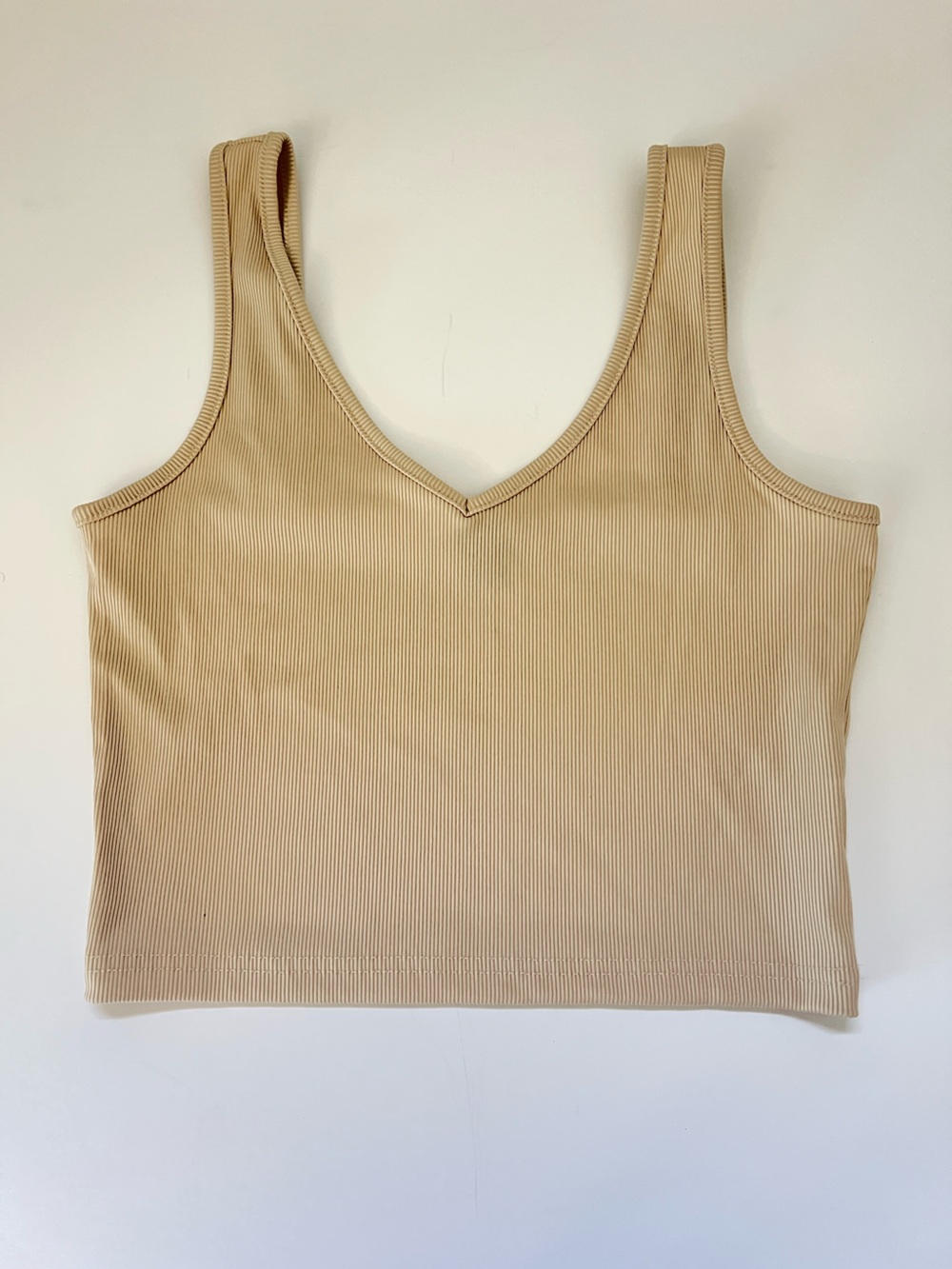 SHEIN Ribbed Fitted V-Neck Crop Tank Top Neutral Clean Girl Oat Beige Sz M